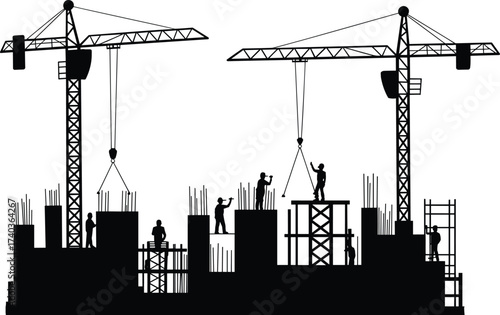 Construction site vector illustration with workers, cranes, building structures, scaffolding, heavy equipment, teamwork, engineering concept, industrial architecture, black silhouette artwork design
