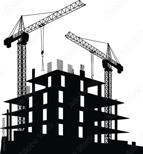 High rise building construction site vector illustration with cranes, unfinished structure, concrete framework, urban architecture development, industrial engineering silhouette artwork design