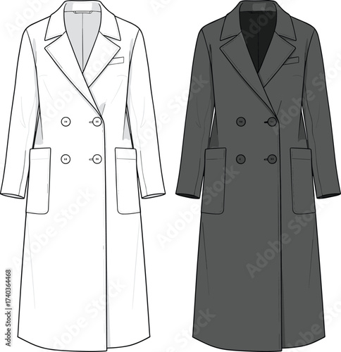 Fashion flat sketch of double breasted trench coat design, long sleeve outerwear template, women’s formal coat, front view clothing illustration, vector