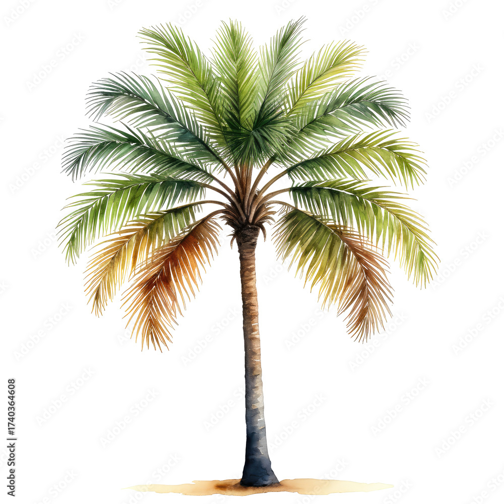 Obraz premium Watercolor palm tree illustration with lush green leaves, artistic rendering