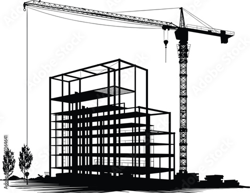 Silhouette construction site illustration with tower crane, steel frame building structure, urban development project, modern industrial architecture, engineering design, vector art background