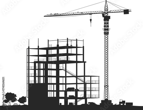 Construction site illustration with tower crane and unfinished building structure, black silhouette vector design, industrial architecture, engineering project, modern urban development background