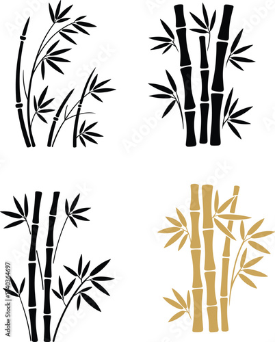Bamboo silhouette and decorative bamboo stalk vector illustration with tropical leaves, natural Asian plant design, black and golden style artwork for backgrounds, patterns
