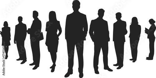Silhouette illustration of diverse business people group in formal attire, professional corporate team standing together, businessman and businesswoman vector design for teamwork concept