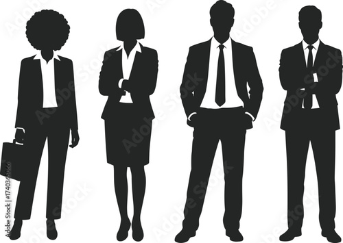 Silhouette illustration of diverse business professionals in formal suits, corporate team standing confidently, businessman and businesswoman vector design for office, leadership, teamwork concep