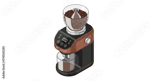 Elegant isometric illustration of a modern electric coffee grinder machine