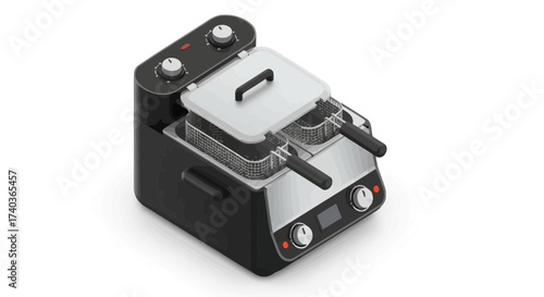 Isometric depiction of a sleek, dual-basket deep fryer appliance