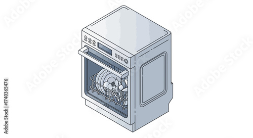 Isometric illustration of a dishwasher filled with clean dishes ready to use