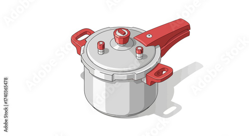 Isometric illustration of a grey pressure cooker with red handles detail