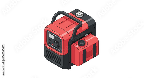 Isometric portable inverter generator illustration in red and black colors