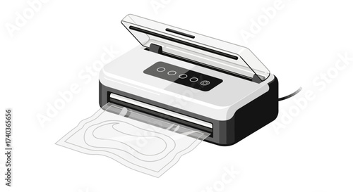Isometric view of a food vacuum sealer in operation on white backdrop