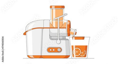 Modern Electric Juicer Illustration with Fresh Orange Juice Glass