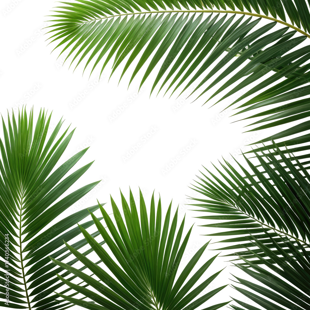Fototapeta premium Lush green palm fronds against a black background, natural tropical foliage