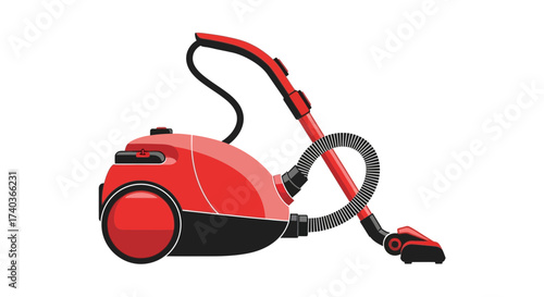 Red and black canister vacuum cleaner, home cleaning appliance product