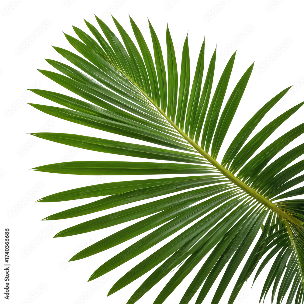 Fototapeta premium Close-up view of a vibrant green palm leaf against black background