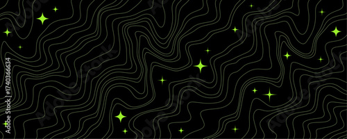 Line Y2K Pattern with a Black Background and Stars. Abstract Metaverse Space Texture. Vector Groovy Bg with Distorted Lines and Bling Stars.