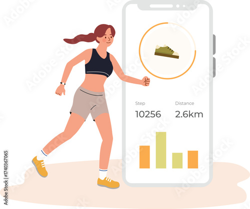 Running woman with Smartphone App Displaying Steps and Distance