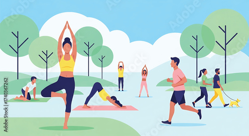 People enjoying various outdoor activities in a park on a sunny day, including yoga, running, and walking a dog