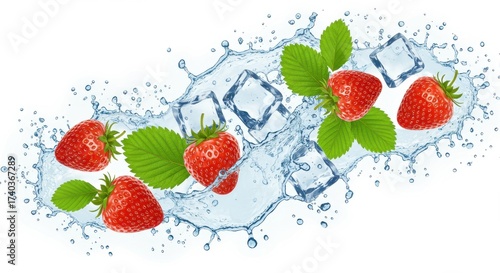 Fresh strawberries and ice cubes are immersed in a dynamic splash of water, showcasing vibrant red fruits and cool, refreshing elements against a clean white background.