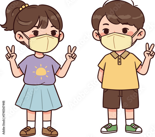 Cartoon children illustration, wearing face masks, peace sign gesture, health safety awareness, hand-drawn vector, character design, public hygiene concept, white background