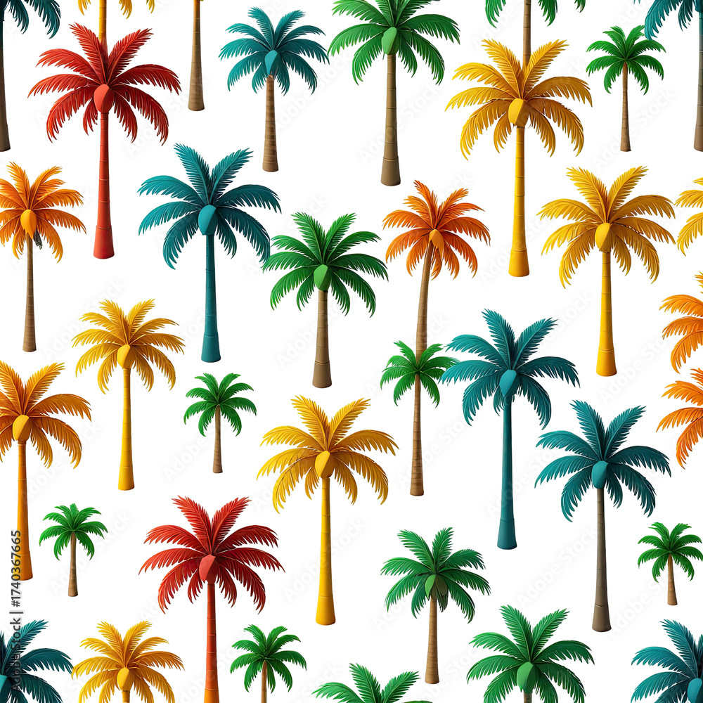 Colorful palm trees seamless pattern on black background