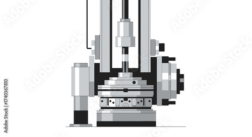 Detailed engineering illustration of a milling machine in monochrome