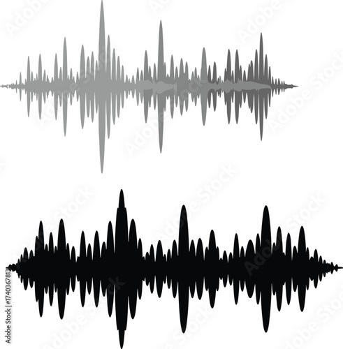 Grayscale waveform illustration, audio signal comparison, amplitude visualization, abstract soundwave design, digital media concept, black and gray vector graphic