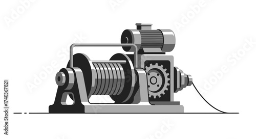 Detailed flat vector illustration depicting a heavy duty industrial winch