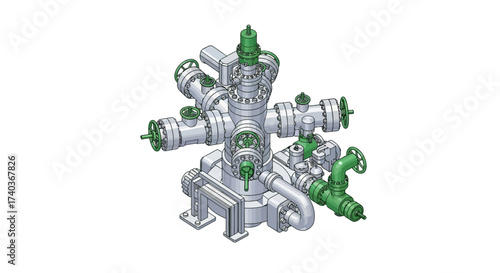 Detailed Illustration of a Complex Industrial Valve System on a White Background