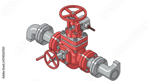 Detailed Illustration of a Complex Red Industrial Valve Mechanism on white