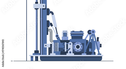 Detailed illustration of a drilling rig machinery setup in blue tones