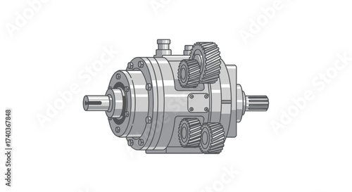 Detailed illustration of a gearbox mechanism with visible gears and shafts
