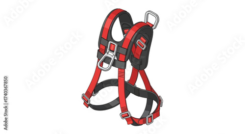 Detailed Illustration of a Red and Black Industrial Safety Harness Isolated