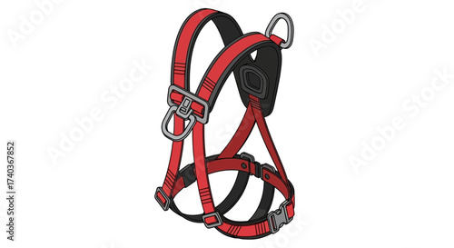 Detailed illustration of a robust red and black safety harness gear
