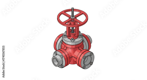 Detailed illustration of a red and silver industrial pipeline valve