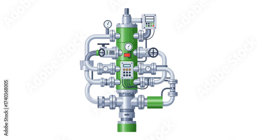 Green and gray wellhead equipment illustration for industrial applications