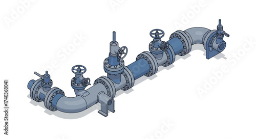 Illustration of a Blue Industrial Pipeline System with Valves on White
