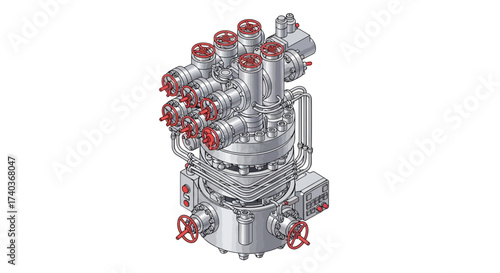 Illustration of a complex industrial manifold system with multiple valves
