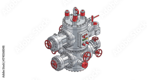 Illustration of a Complex Industrial Valve System with Red Accents and Controls