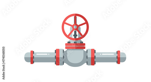 Illustration of a gray industrial pipeline with a red valve control