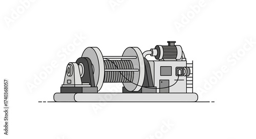 Illustration of a Heavy Duty Industrial Winch in Gray Scale Colors