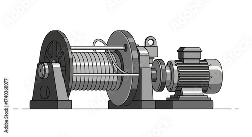 Illustration of a mechanical winch device with motor for heavy lifting tasks