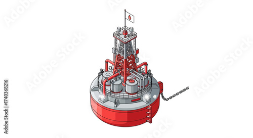 Isolated illustration of a moored navigation buoy at sea signaling