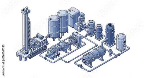 Isometric blueprint illustration of a processing plant and industrial equipment