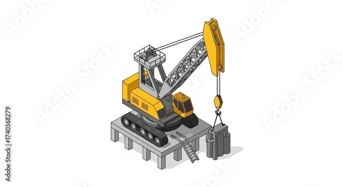 Isometric illustration featuring a crawler crane lifting a concrete block