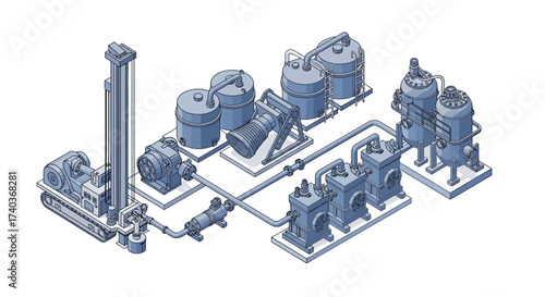 Isometric Illustration Depicting Advanced Industrial Machinery and Equipment