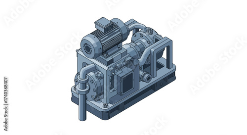 Isometric Illustration of an Industrial Pumping System on White Background