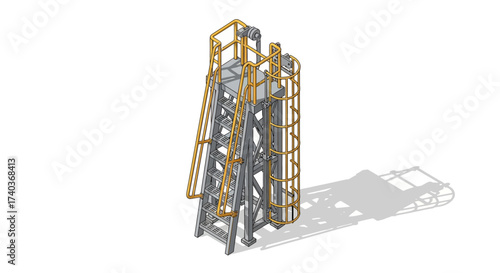 Isometric Illustration of Industrial Access Ladder with Safety Cage and Platform