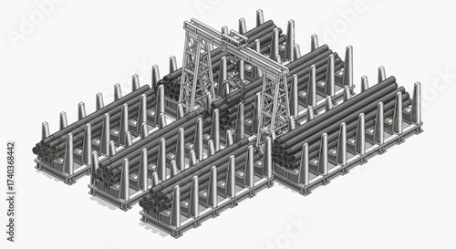 Isometric Illustration of Industrial Storage Racks Filled with Pipes and a Crane