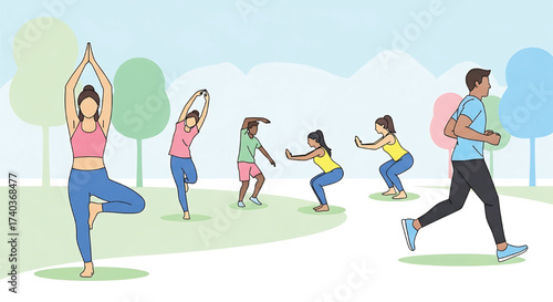 Active people maintaining a healthy lifestyle with various exercises like yoga and running in a natural park setting